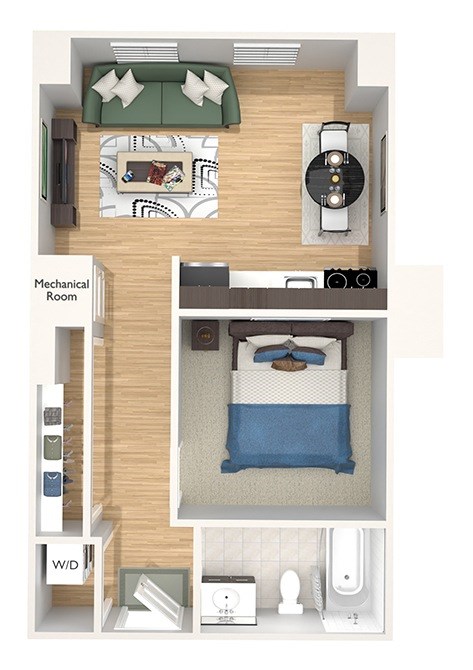 Floor plan for 1 bed, 1 bath, 480 sqft